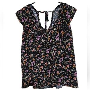 LUQ size XXL Floral Short Sleeve Ruffle Blouse Black